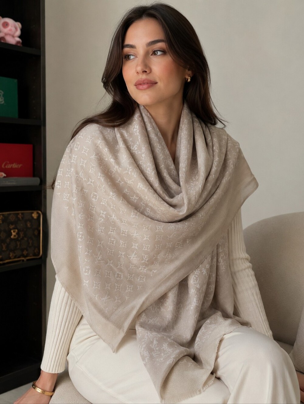 Louis Vuitton Evermore Shawl in the shade "Latte" with CoA